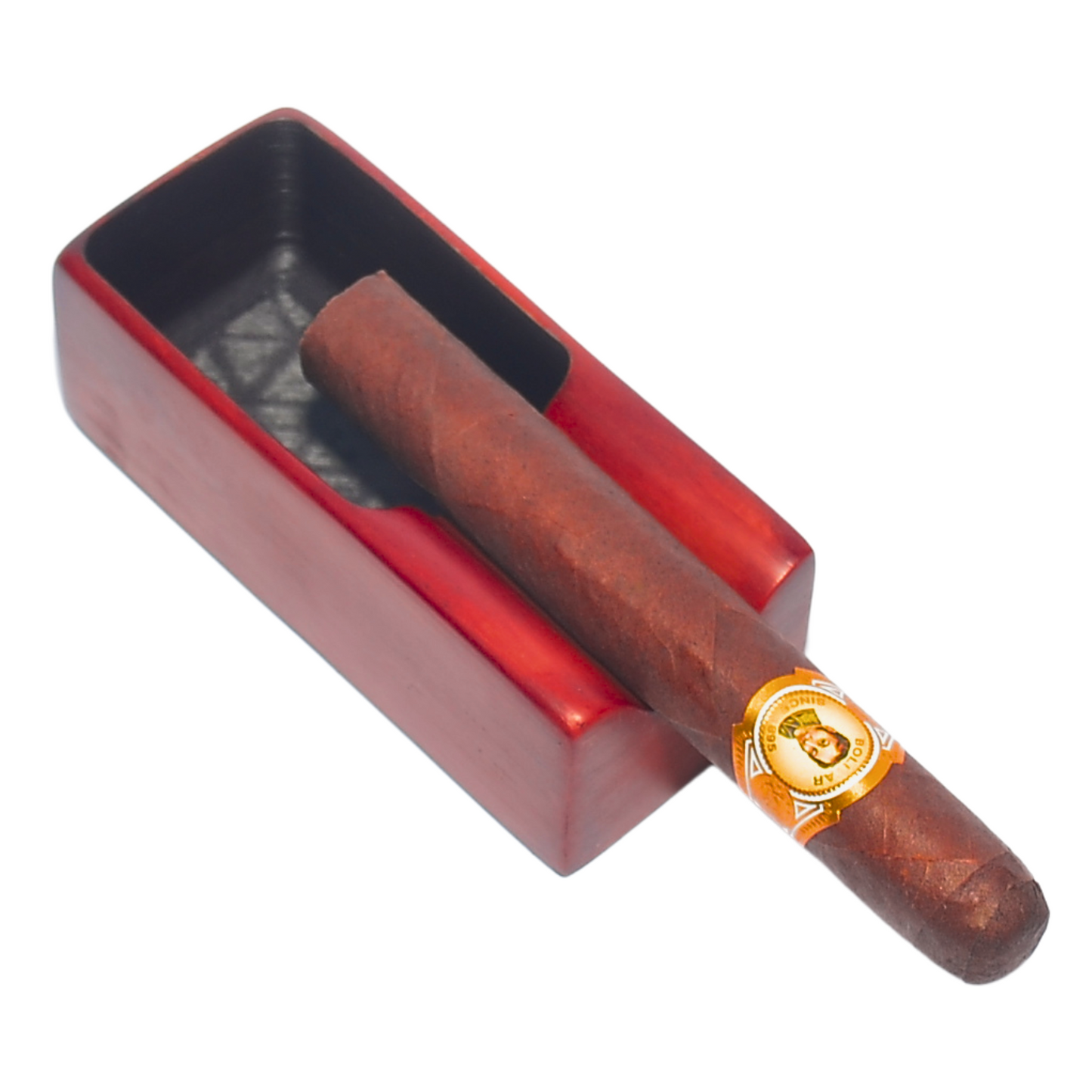Cigar in a red humidor with a white background