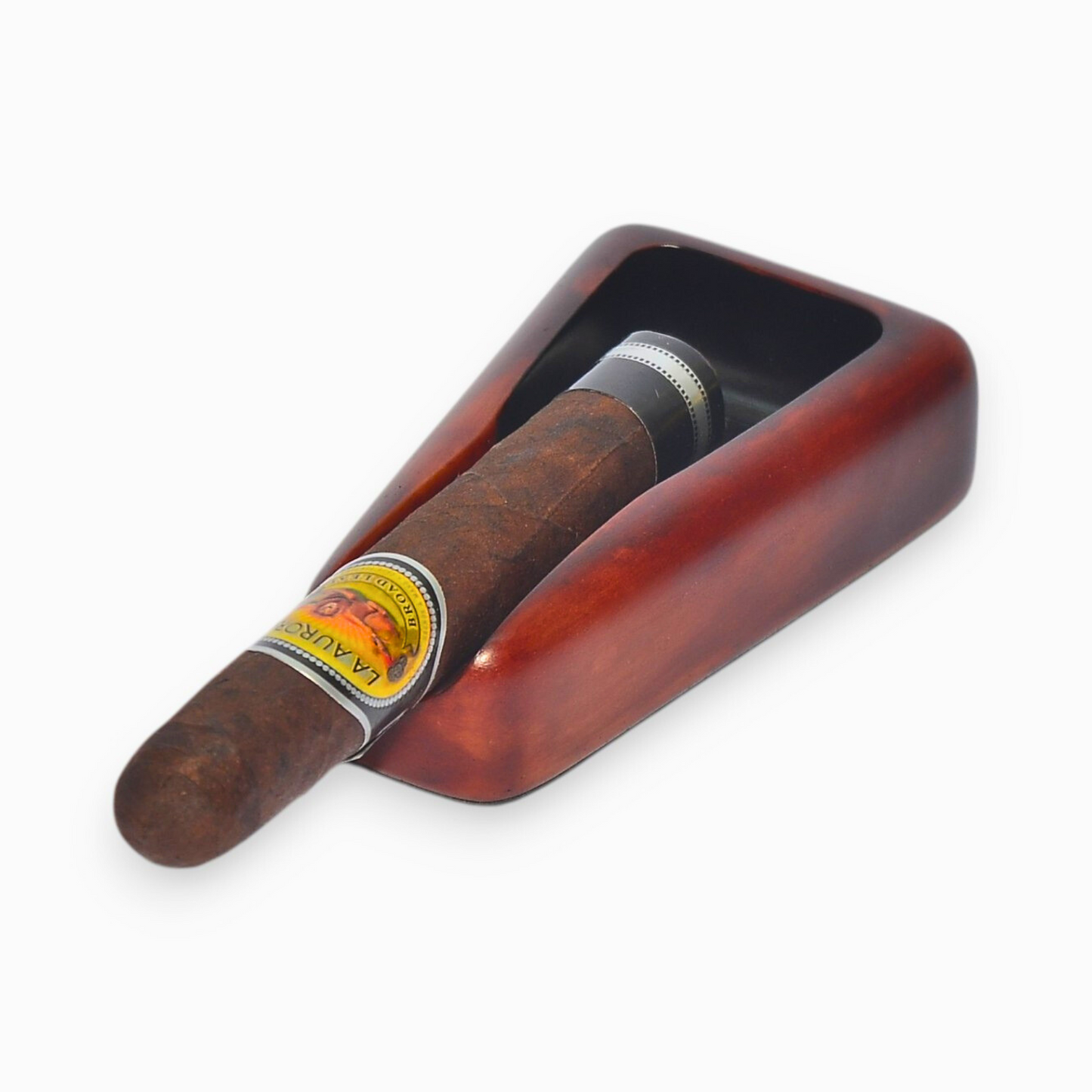 A small triangular cigar ashtray with a single cigar rest (brown)