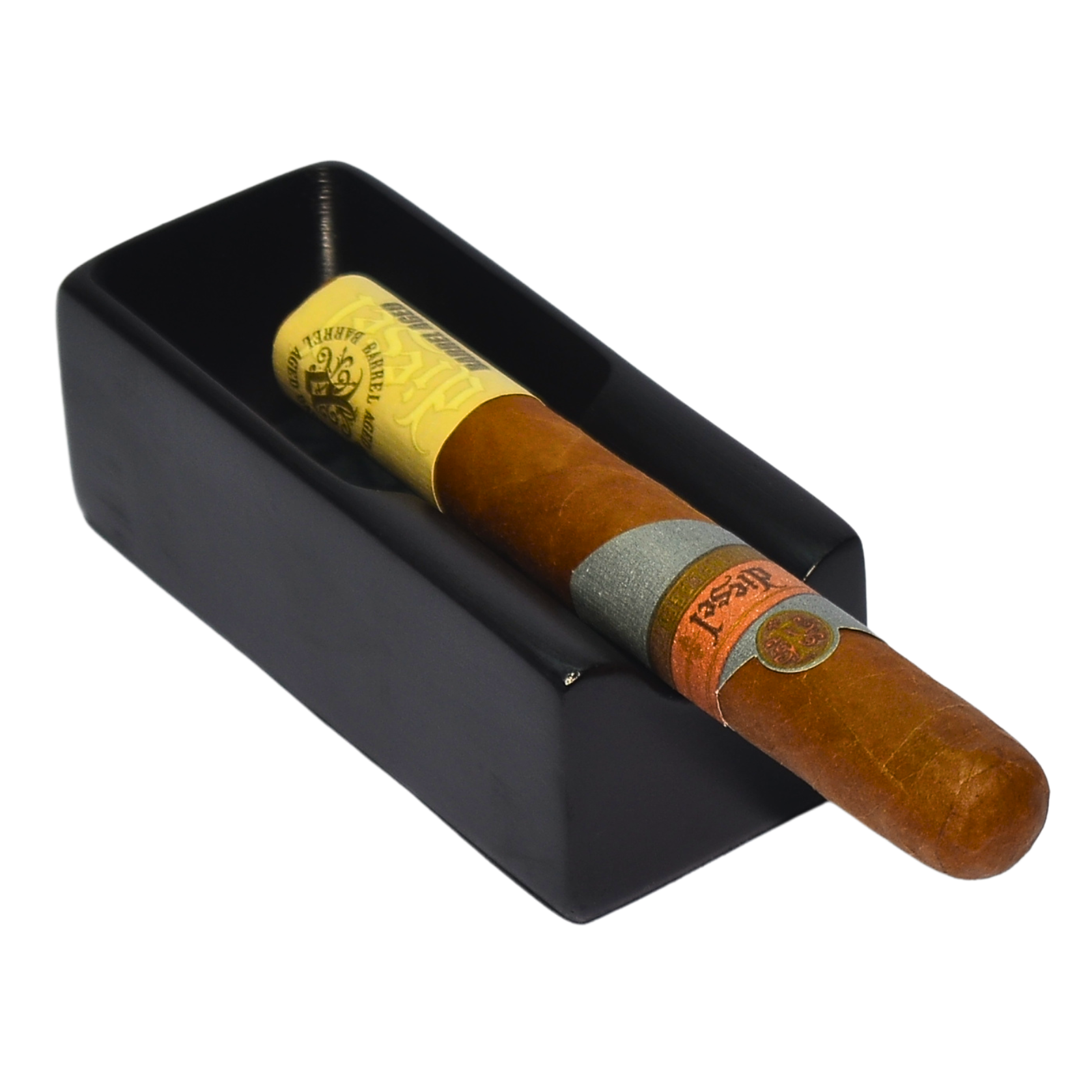 Cigar in a black holder on a white background