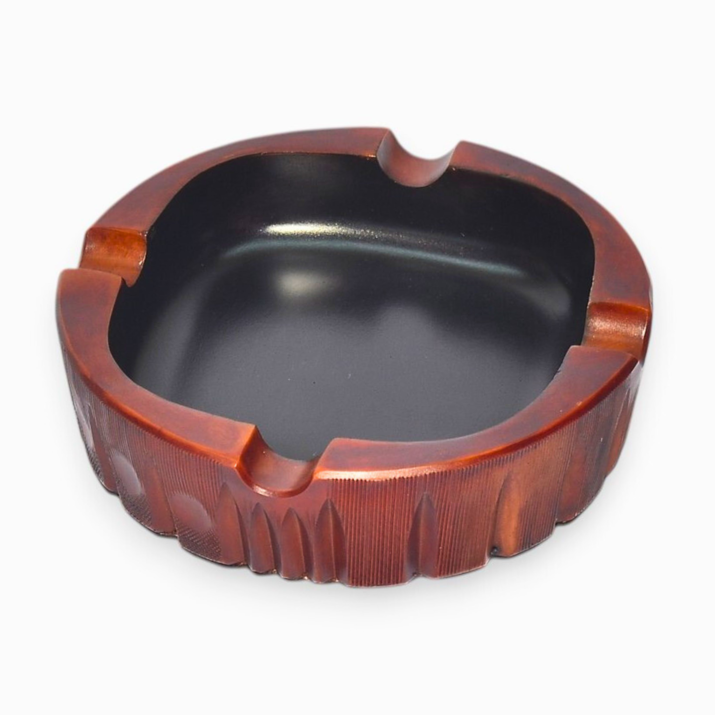 Wooden ashtray with a black interior on a white background