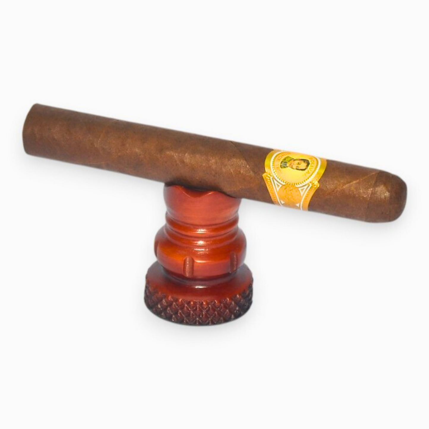 Cigar on a wooden stand with a white background