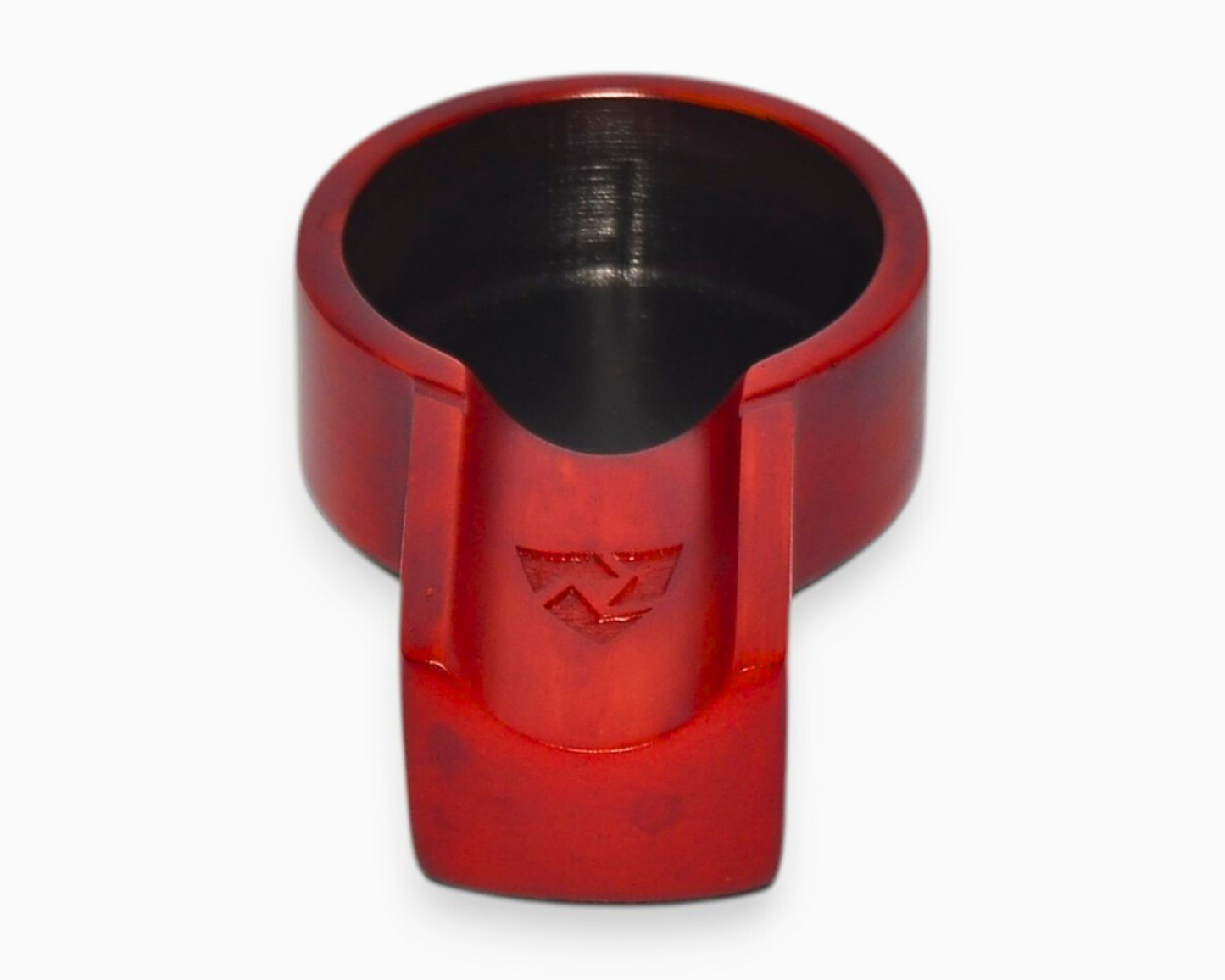 Red metal ring with a logo on a white background