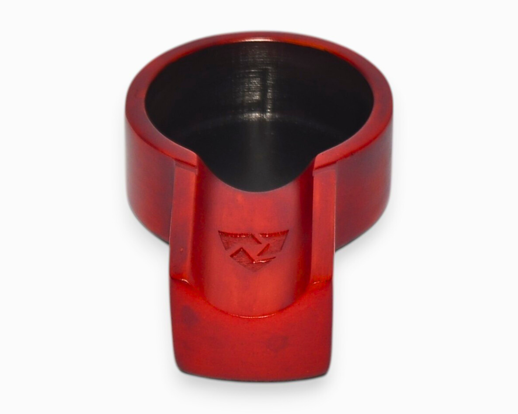 Red metal ring with a logo on a white background