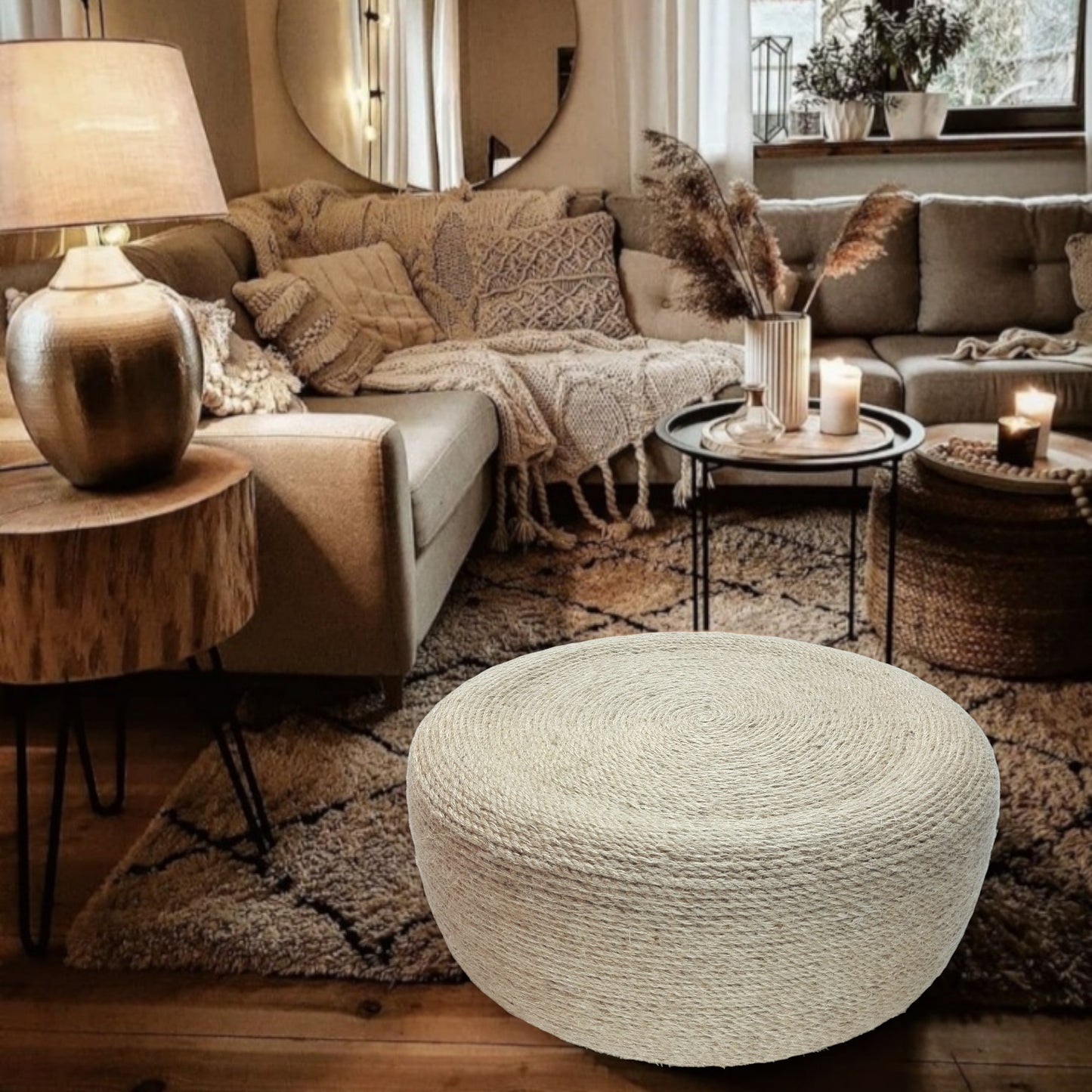 Handmade coffee table made of jute ropes 60x60x25