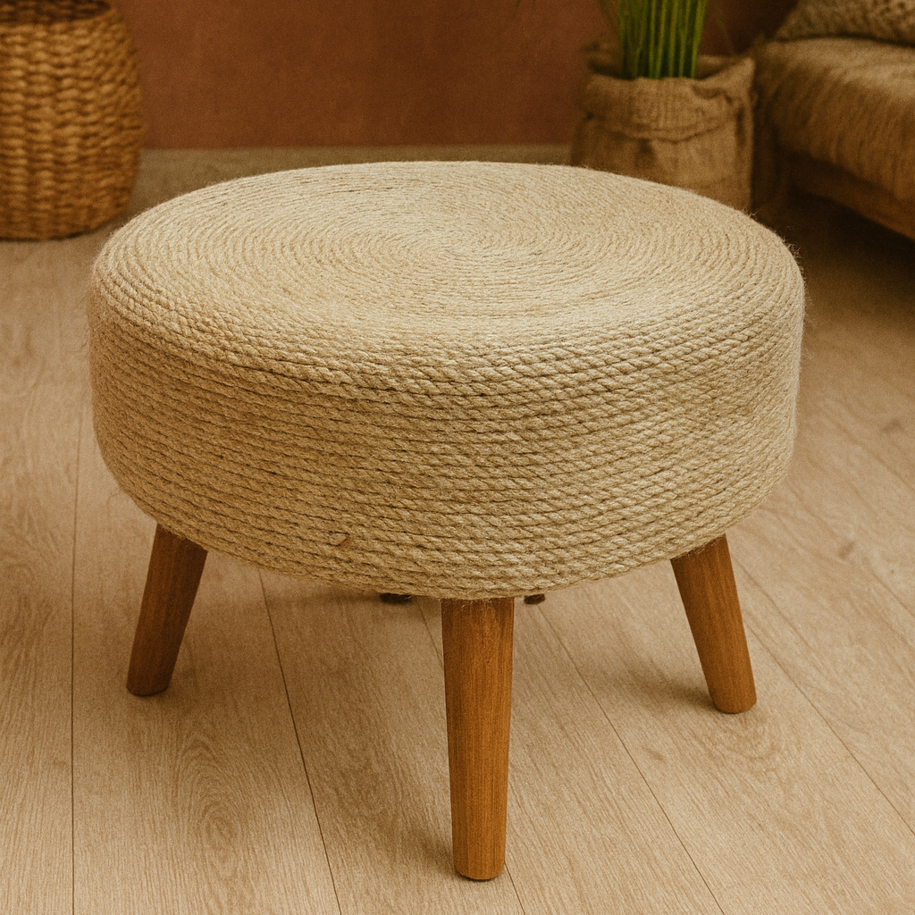 Round woven stool with wooden legs on a wooden floor