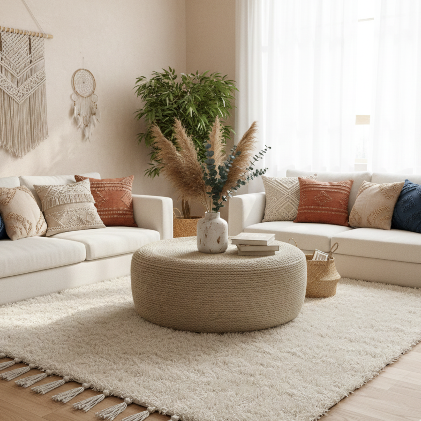 Handmade coffee table made from jute ropes 60x60x25