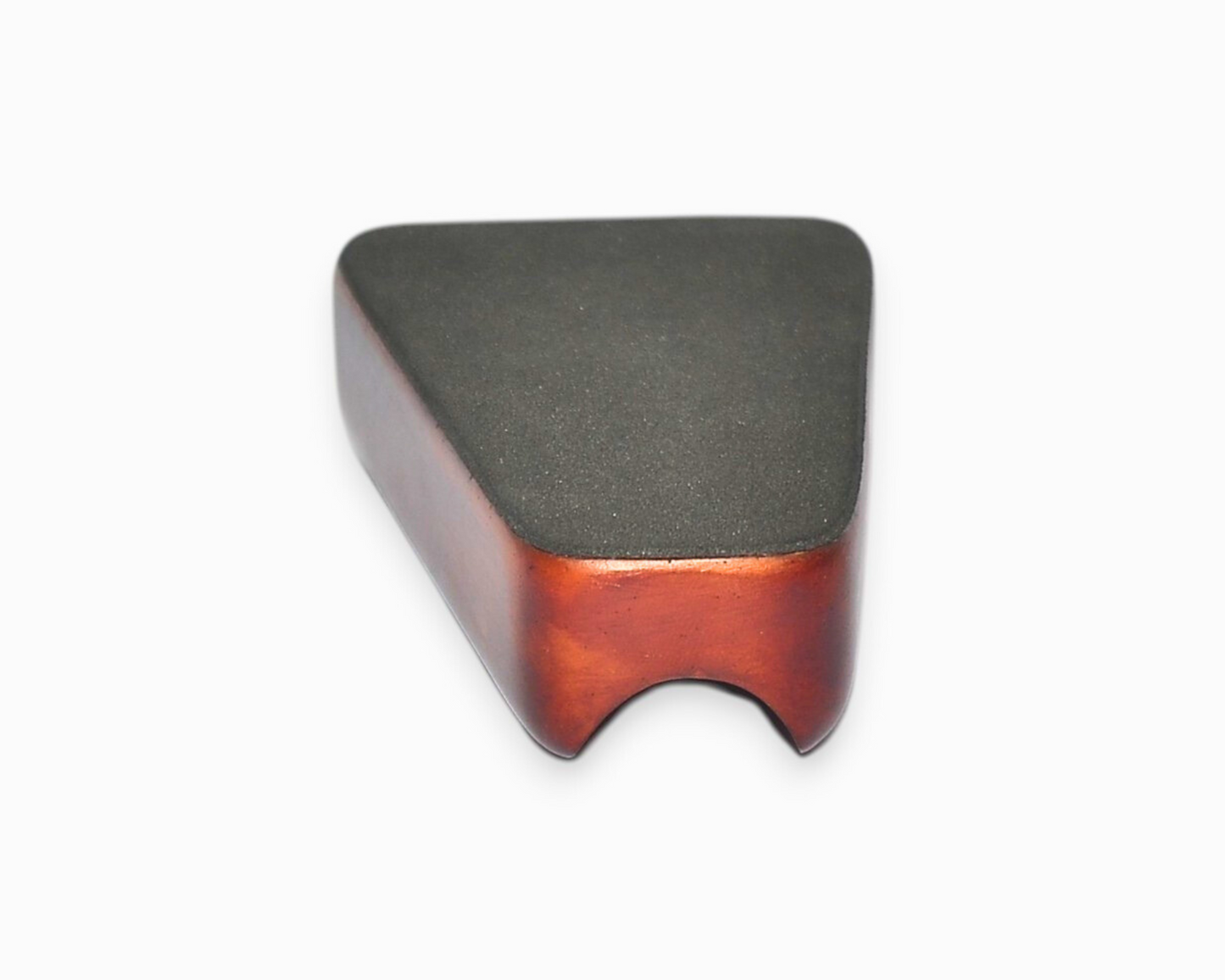 Triangular ashtray with a dark gray top and wooden base on a white background