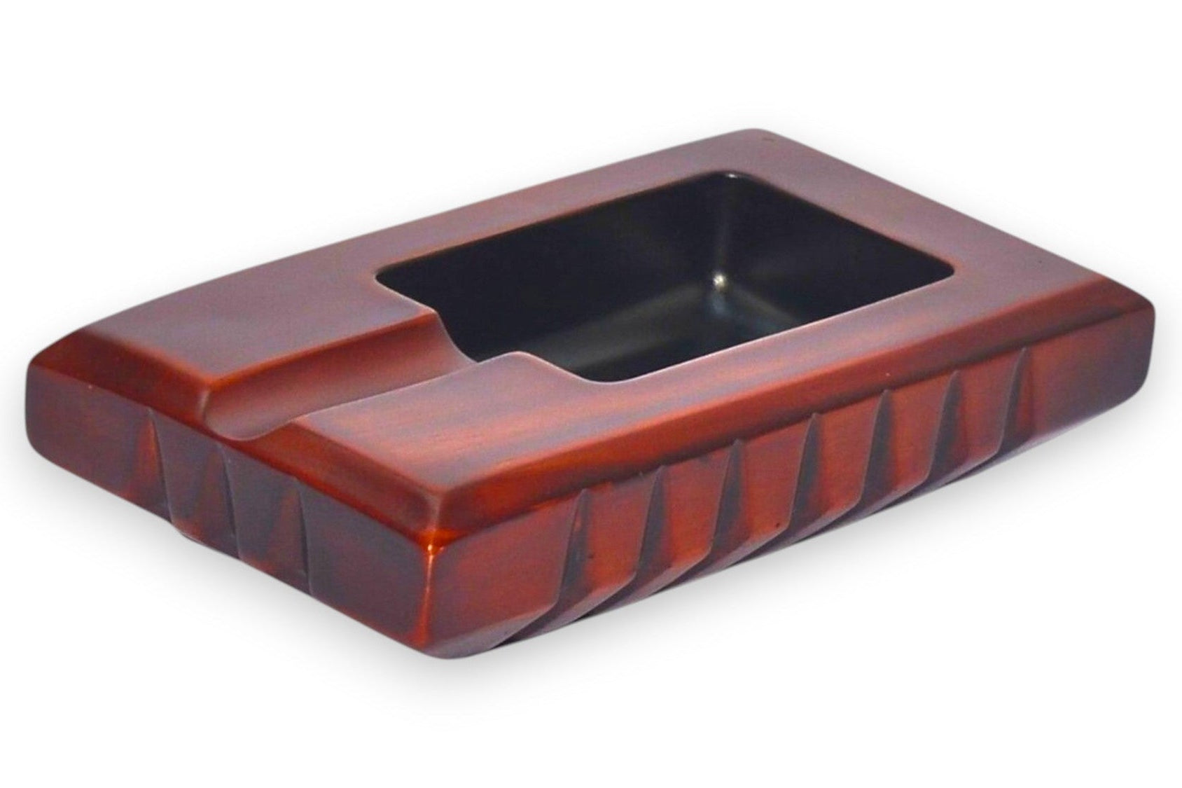 Rectangular red-brown ceramic ashtray on a white background