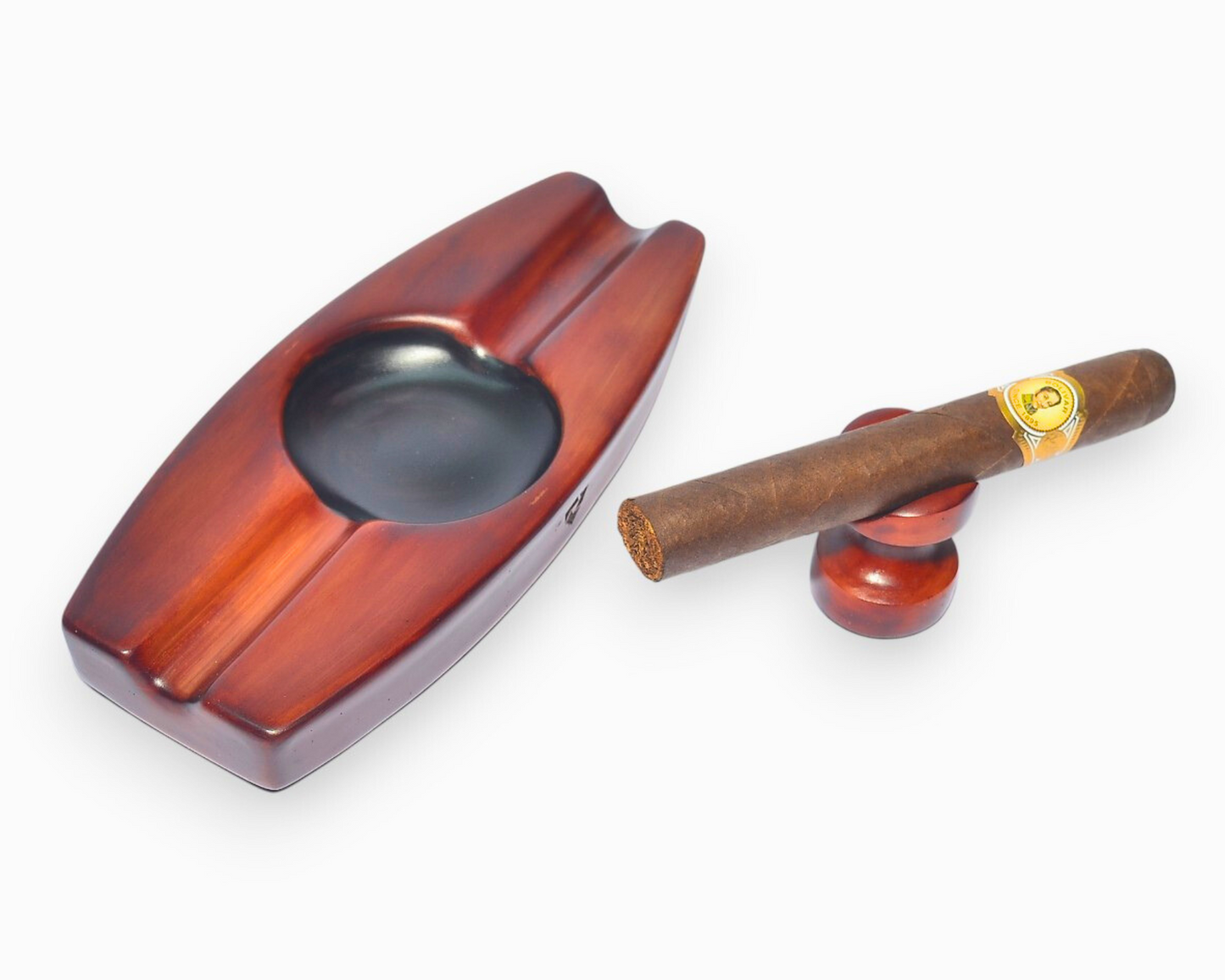 Wooden cigar holder with a cigar on a white background