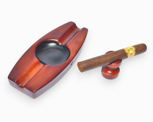 Wooden cigar holder with a cigar on a white background
