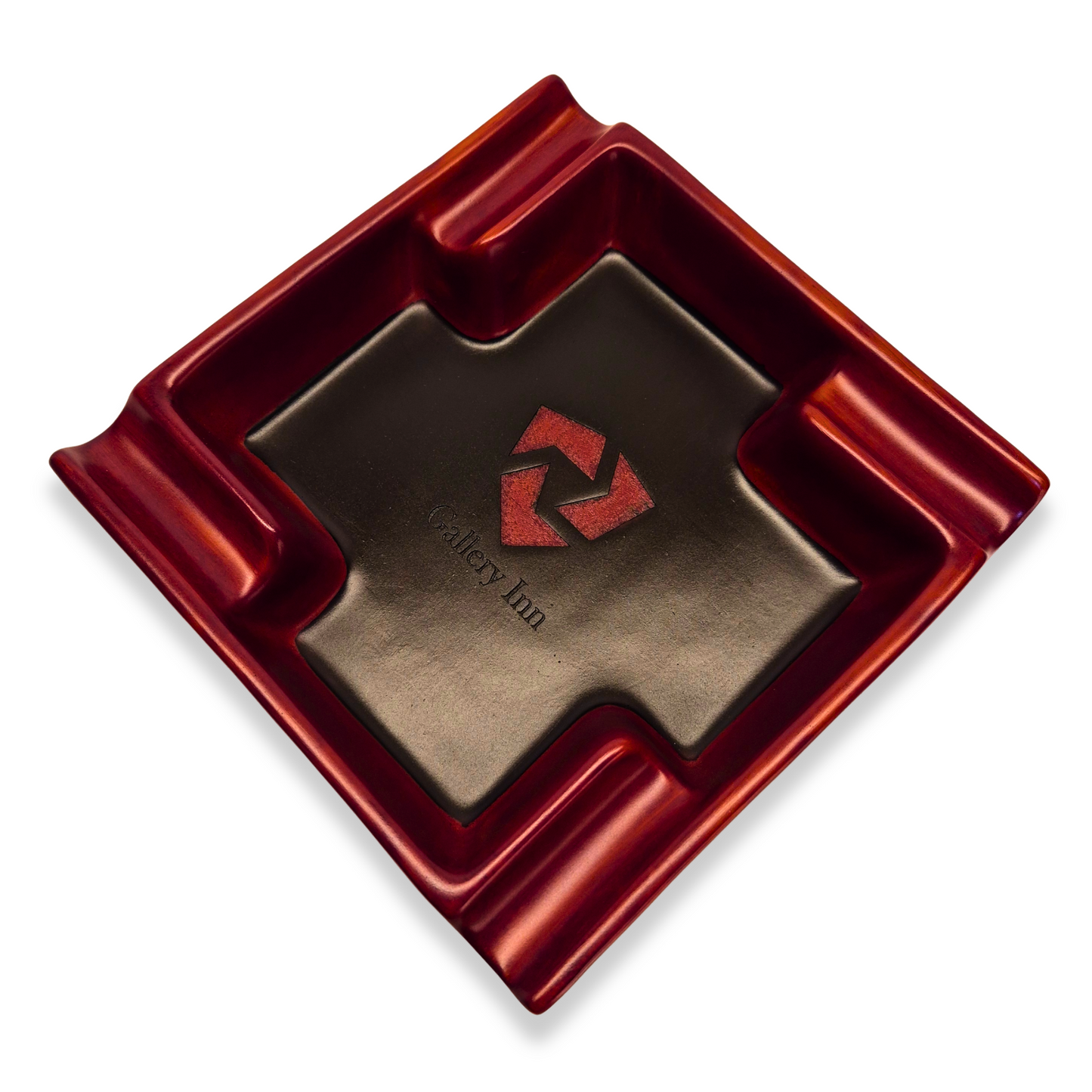 Red ashtray with a logo on a white background