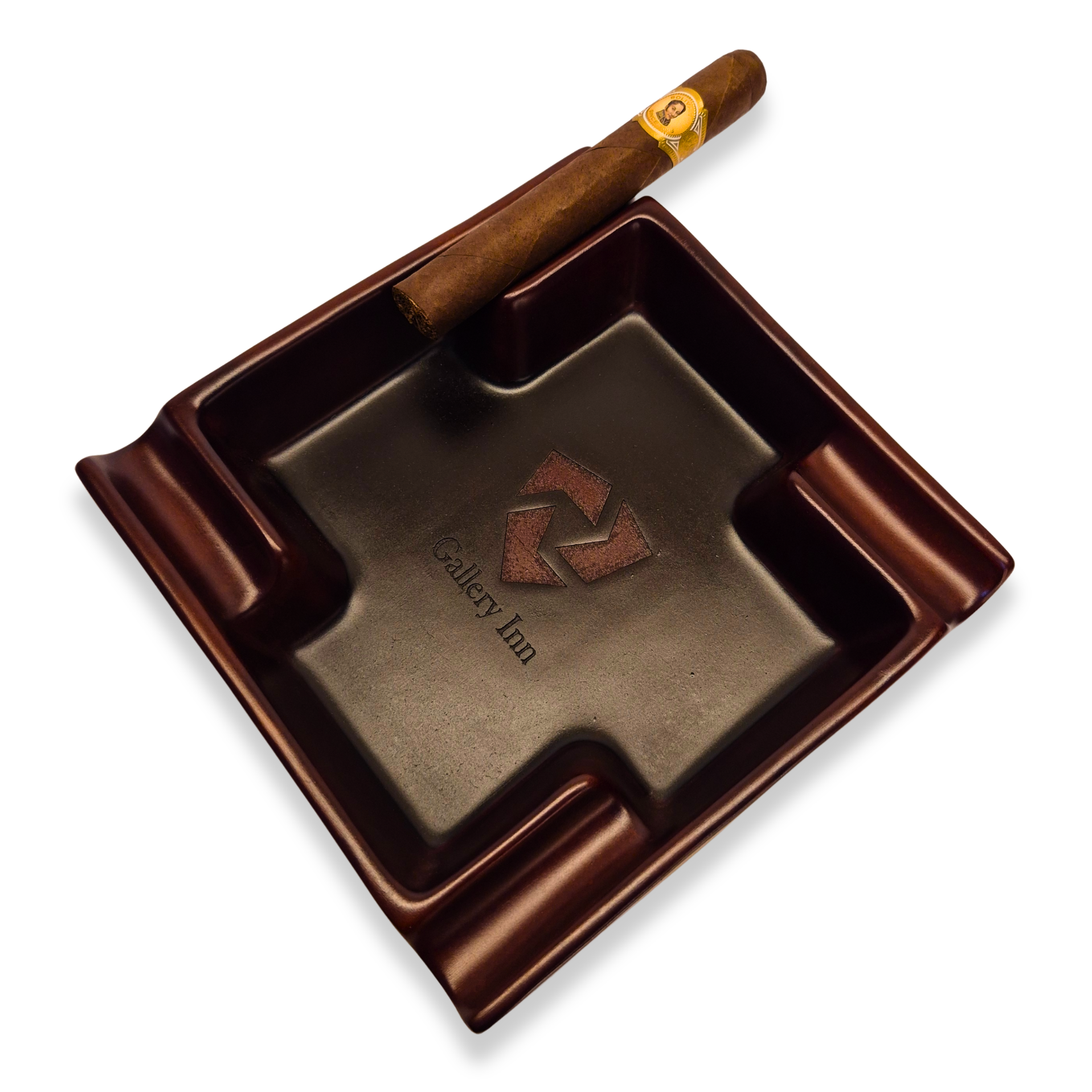 Brown ashtray with a logo and a cigar on a white background