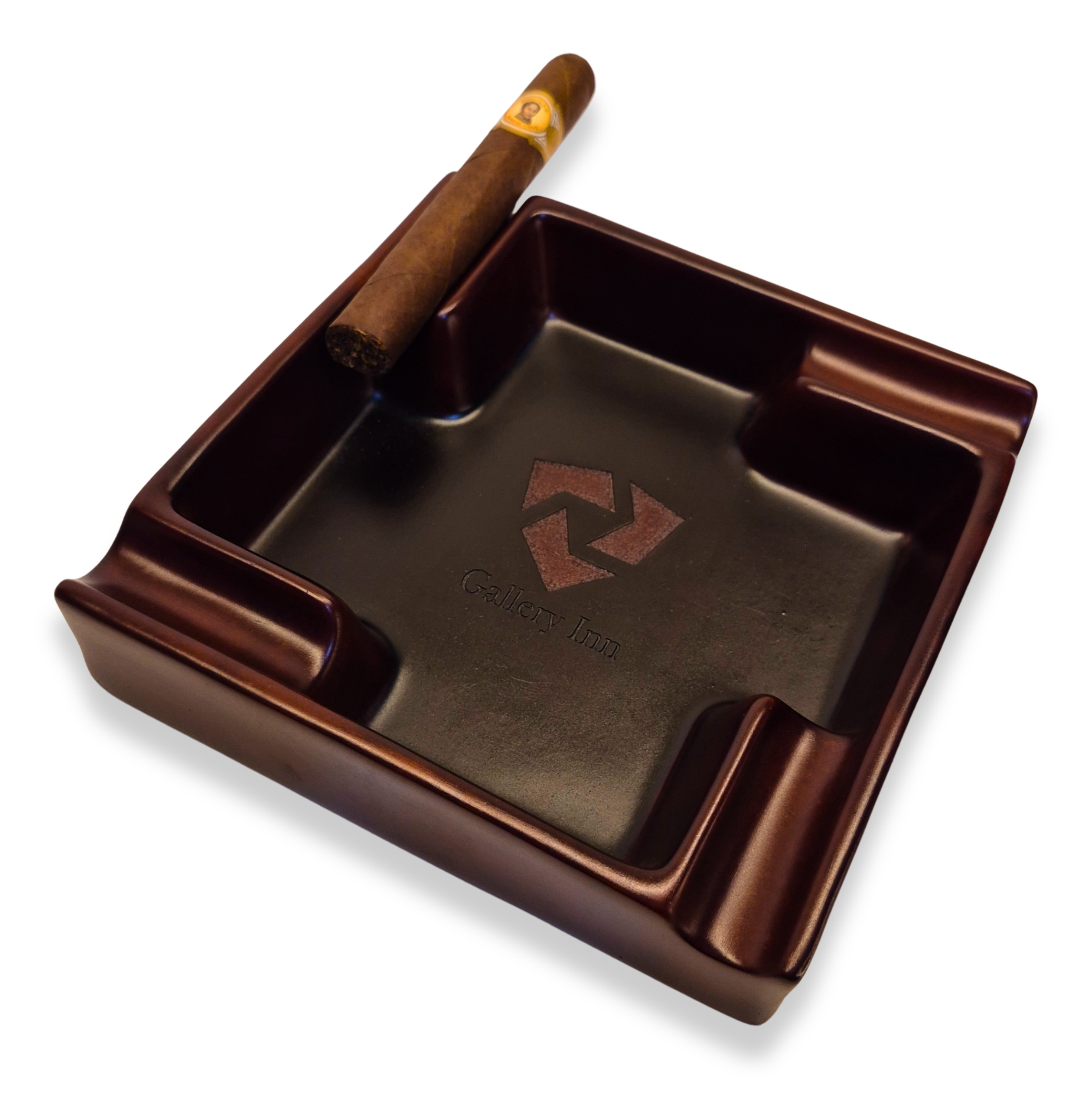Brown ashtray with a logo and a cigar on a white background