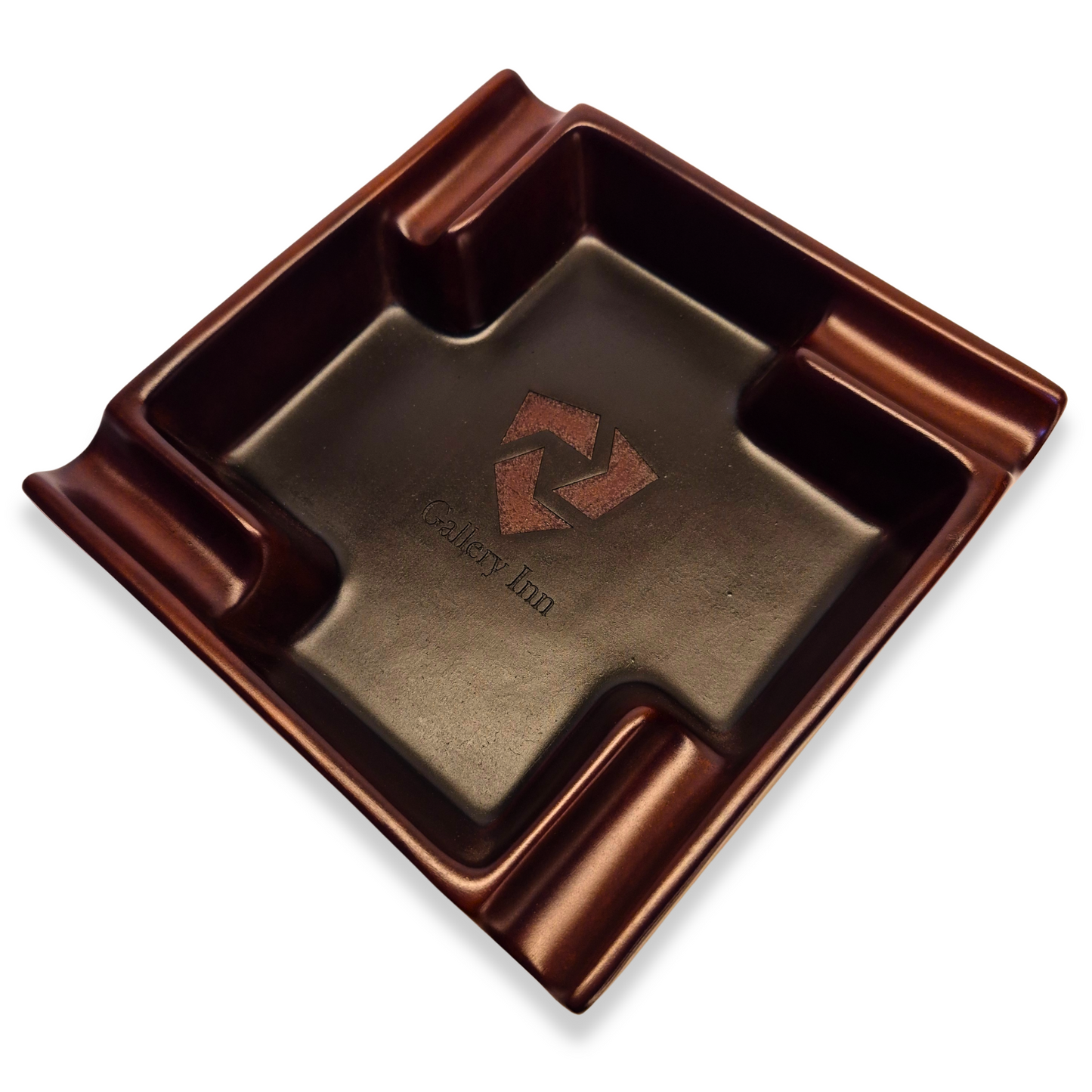 Brown ceramic ashtray with a logo on a white background