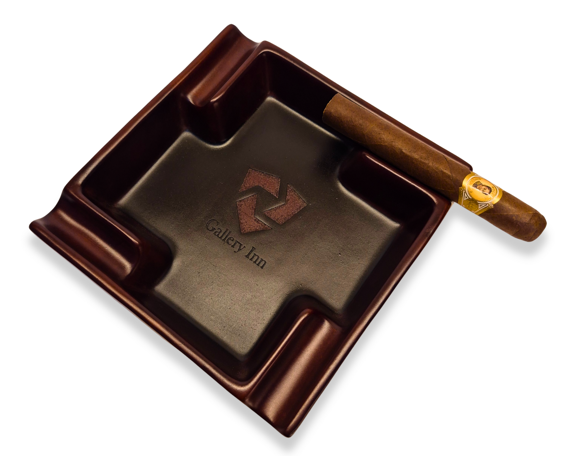Brown ashtray with a wooden handle on a white background