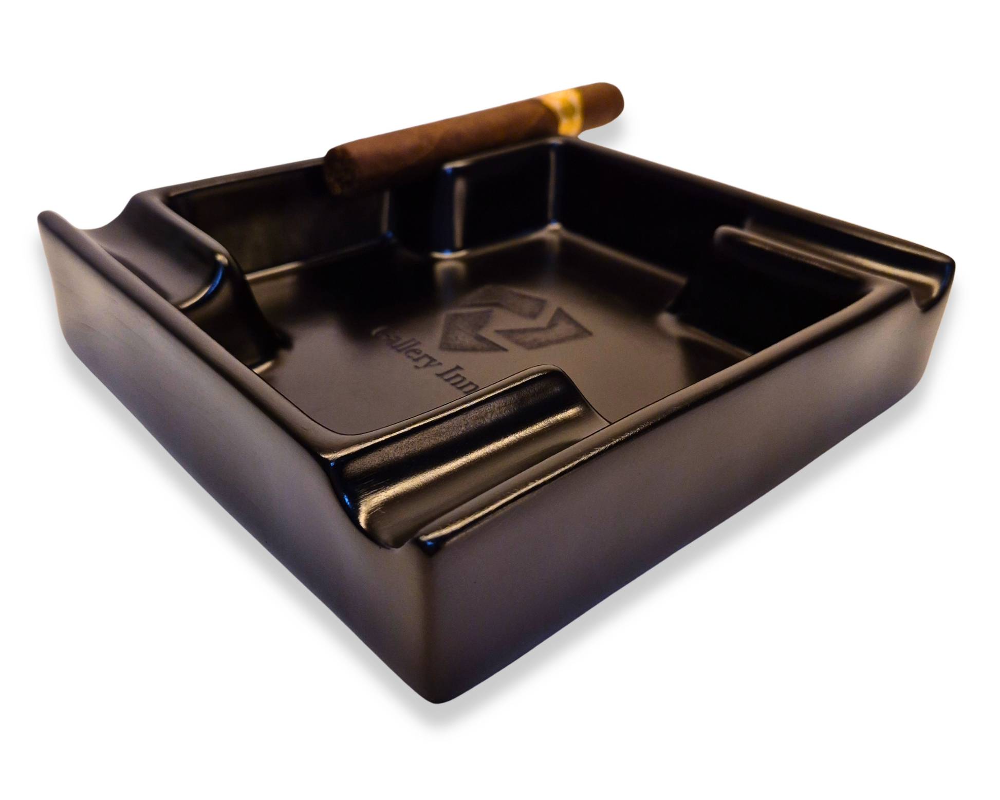 Black ashtray with a brand logo on a white background