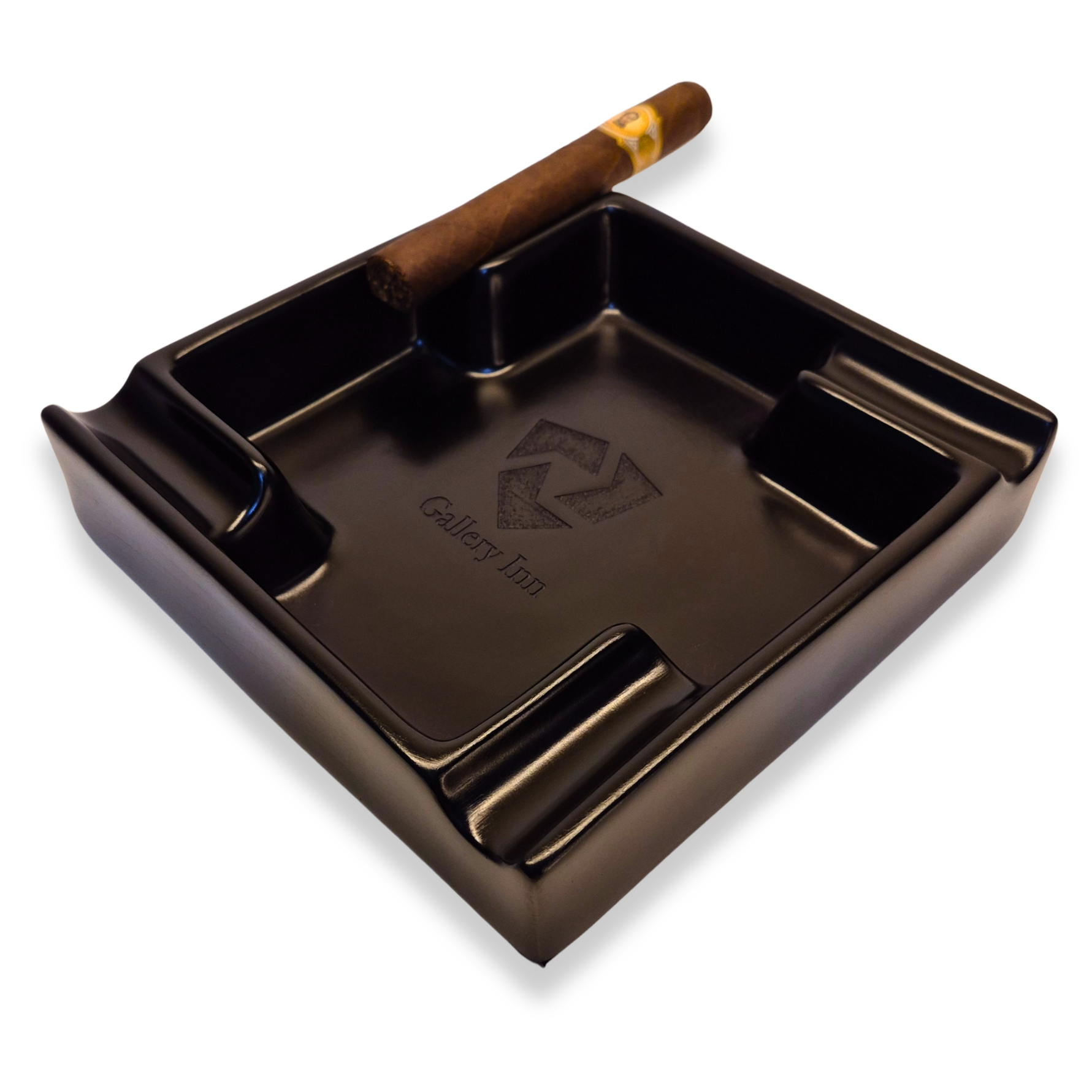 Black ashtray with a logo on a white background
