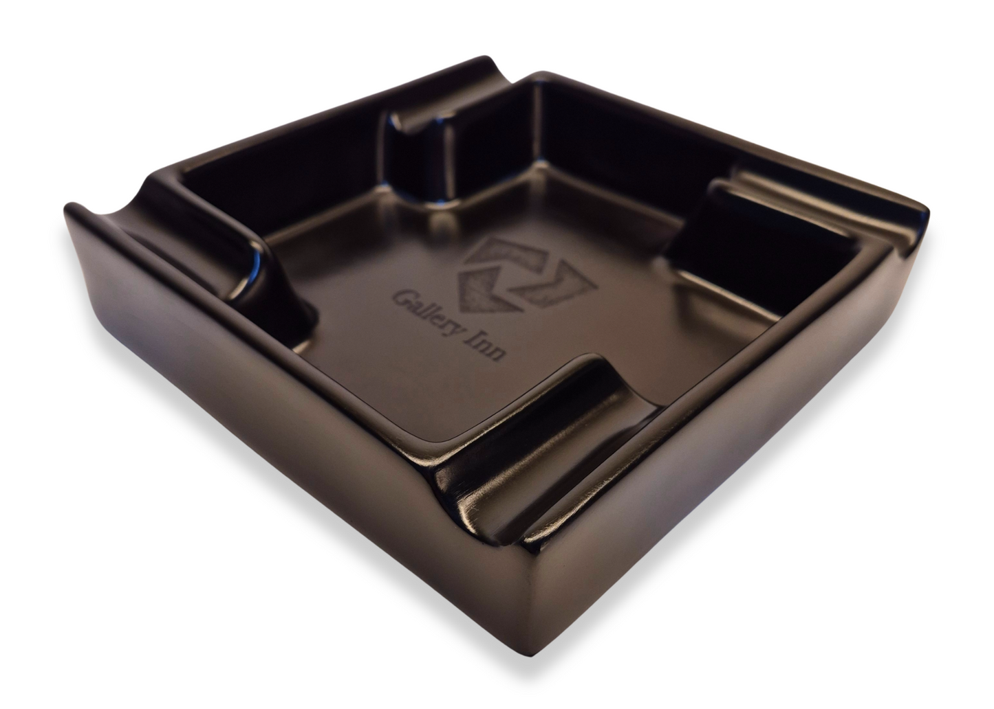 Brown ashtray with 'Galway Inn' branding on a white background